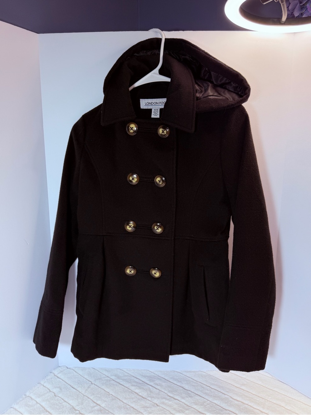 London Fog Girls 14/16 Black Double-Breasted Hooded Peacoat with Buttons